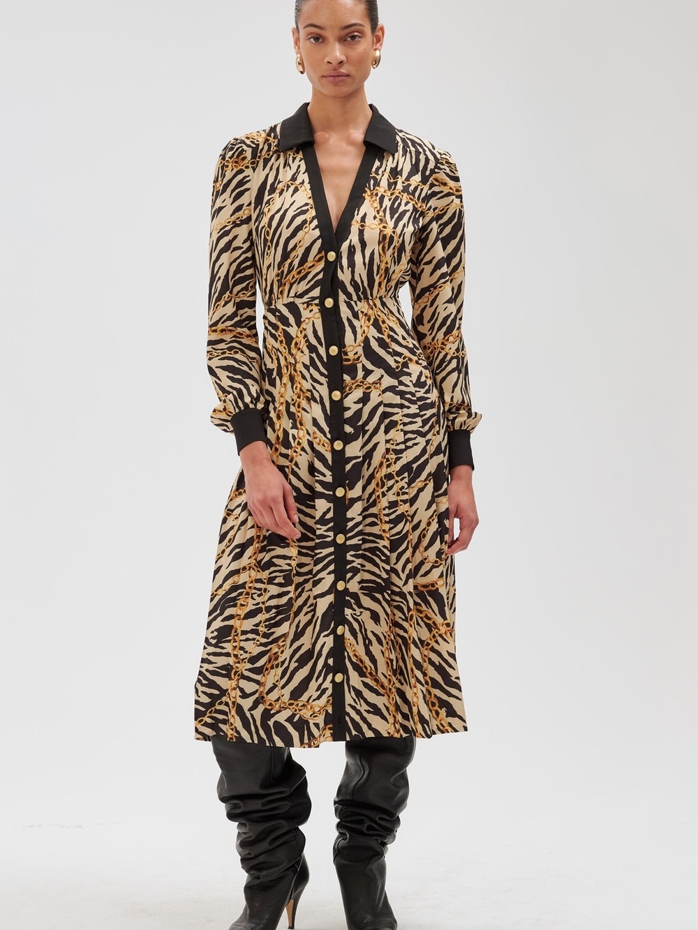 Ronny Kobo Hana Dress Animal Print Button-Front Midi Black Trim w/gold Buttons